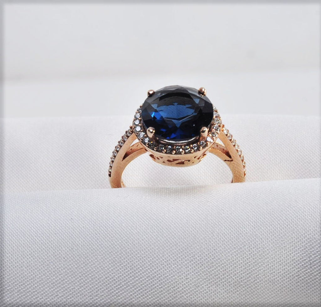 Handmade Sapphire and Zircon Silver Ring, Handcrafted Sapphire and Zircon Jewelry, Rose Silver Band Sapphire and Zircon Ring,Gift for her