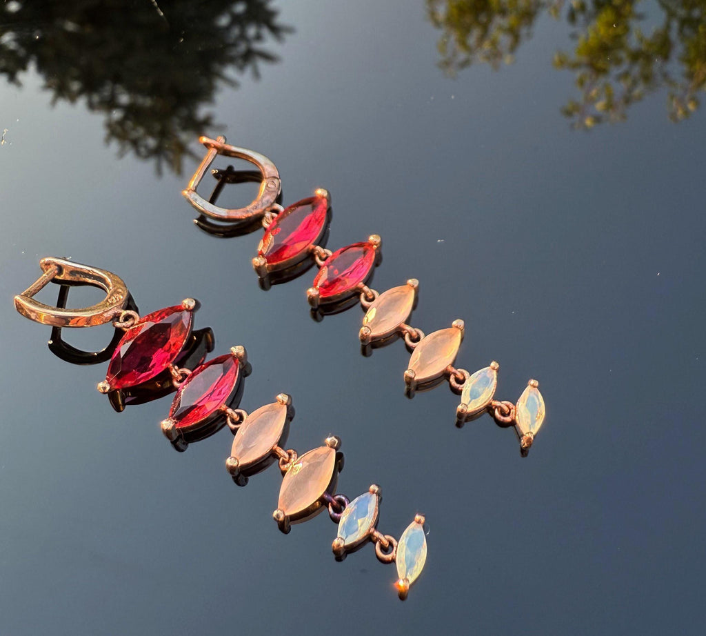 Handmade Rose Silver Earrings: Pink Quartz, Garnet & Opal Gemstone