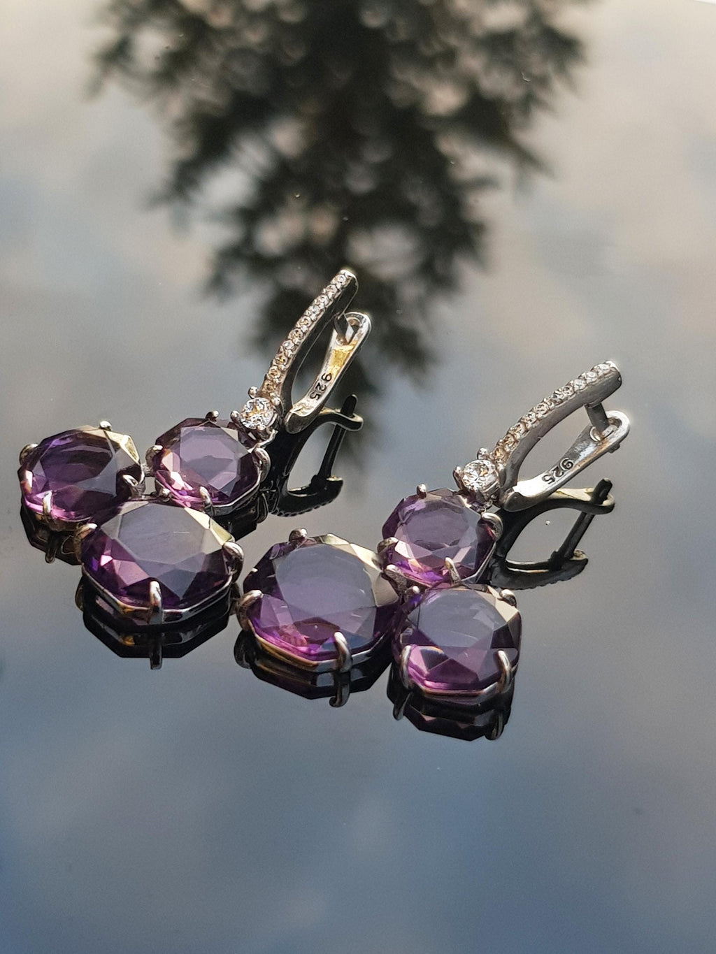 Handmade Amethyst and Zircon Silver Earrings: February & December Birthstones