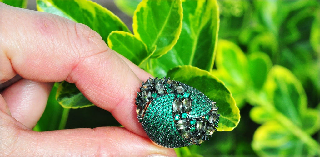 Handmade Emerald and Zircon Silver Ring, Handcrafted Emerald and Zircon Jewelry, 925 Sterling Silver Emerald and Zircon Ring,Gift for Her