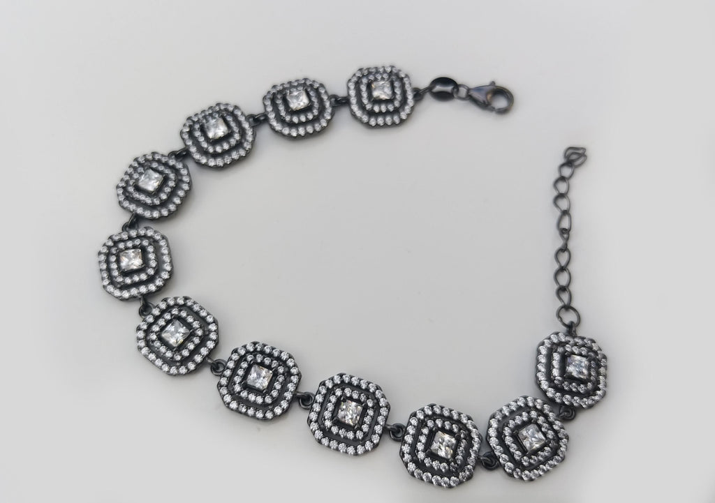 Handmade Zircon Gemstone Bracelet: Black Silver Jewelry Gift