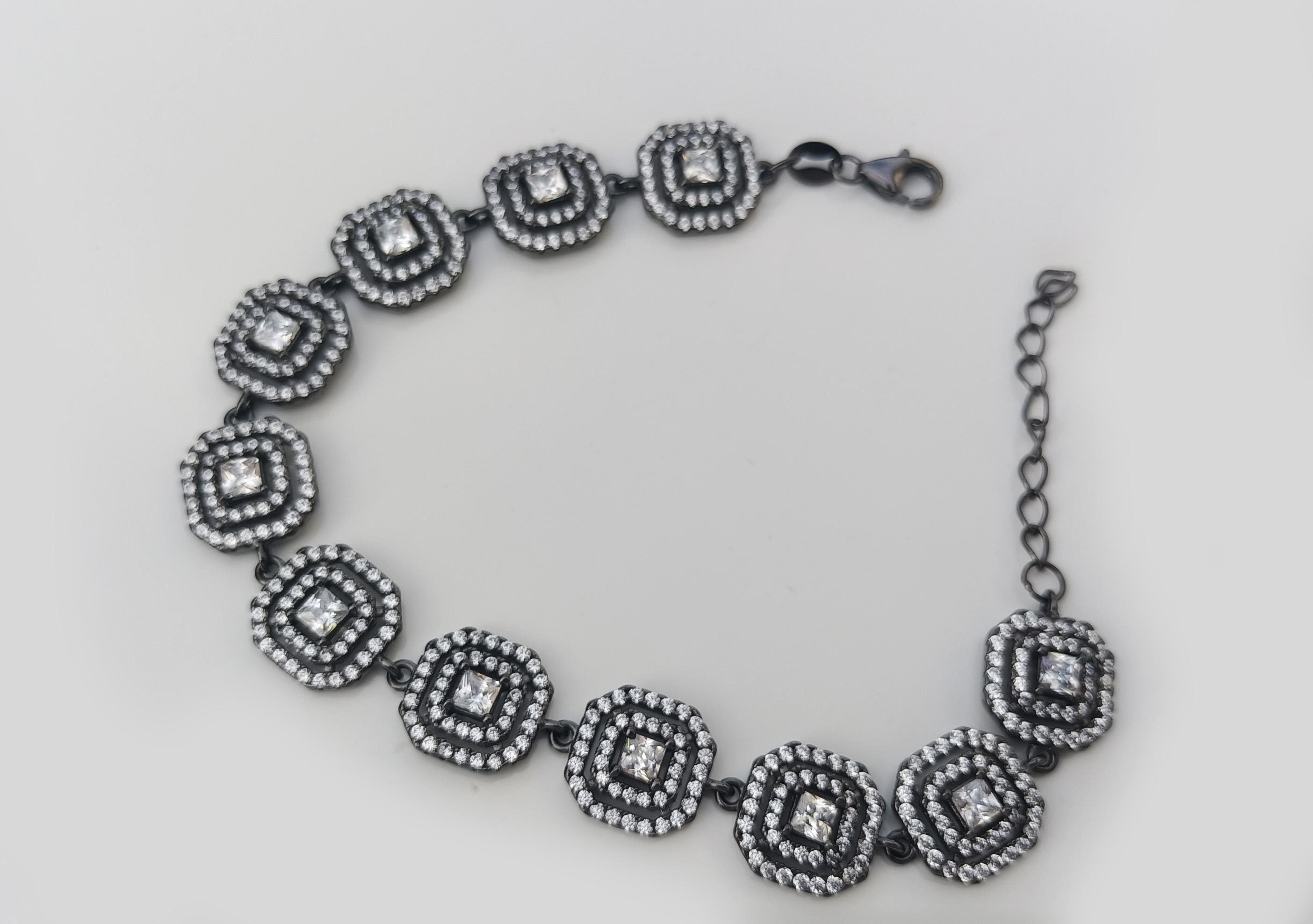 Handmade Zircon Gemstone Bracelet: Black Silver Jewelry Gift