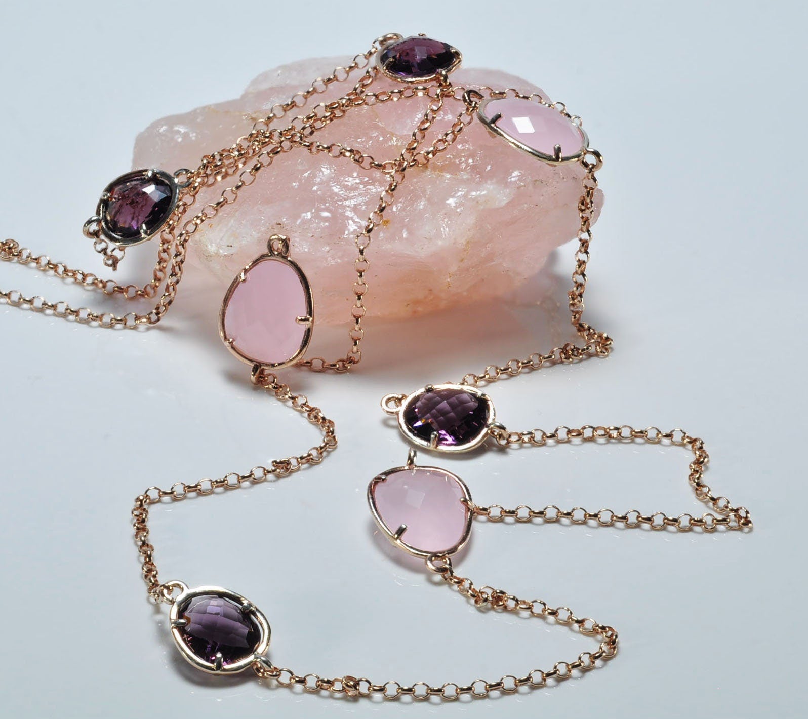 Handmade Amethyst and Rose Quartz Silver Necklace,925 Sterling Silver Authentic Necklace, Amethyst and Rose Quartz Gemstone Jewelry