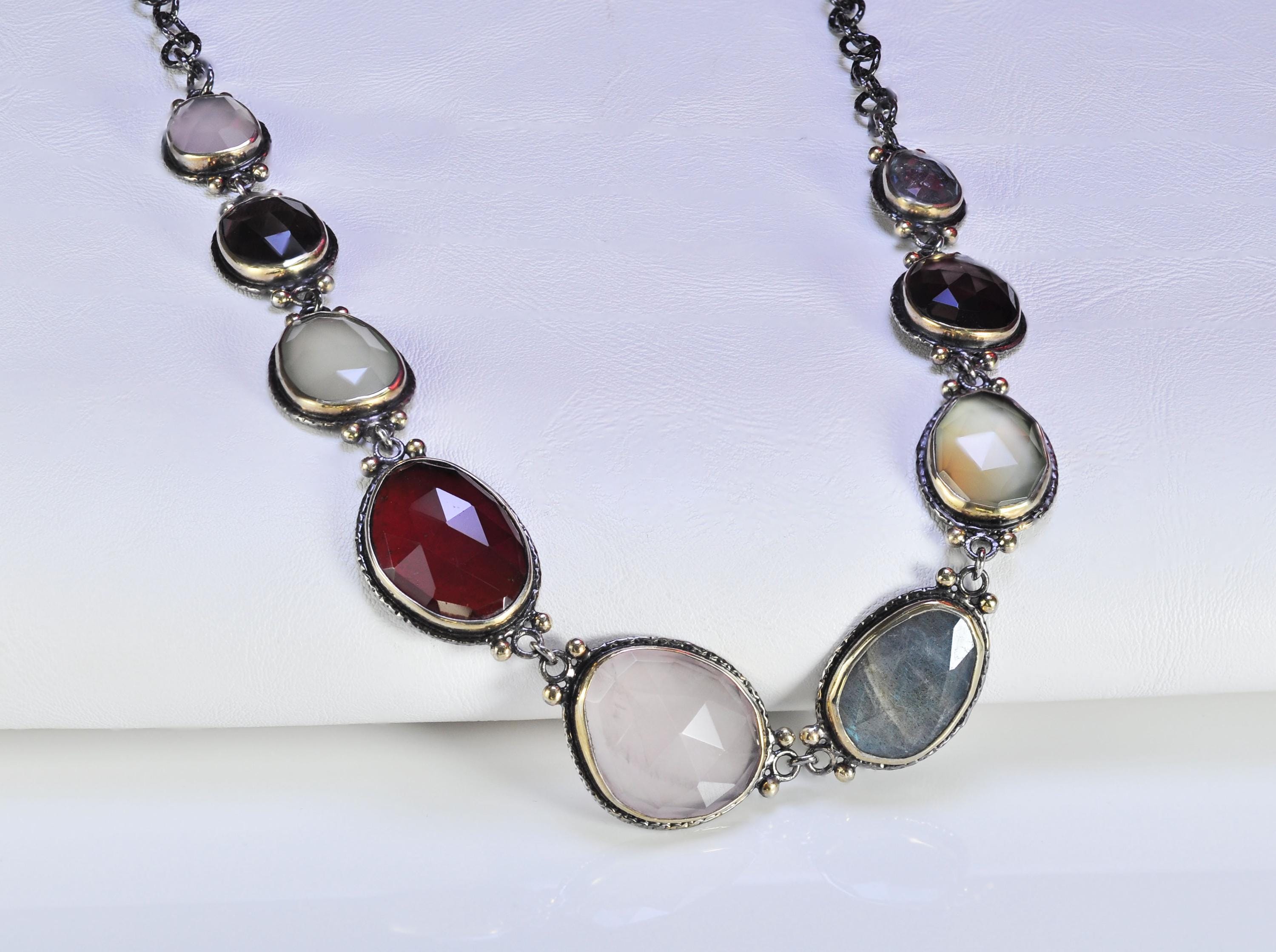 Handcrafted Genuine Rose Quartz  Agate  Aquamarinee  Amethyst Labradorite  Citrine Silver Necklace,Multistone Gemstone Necklace
