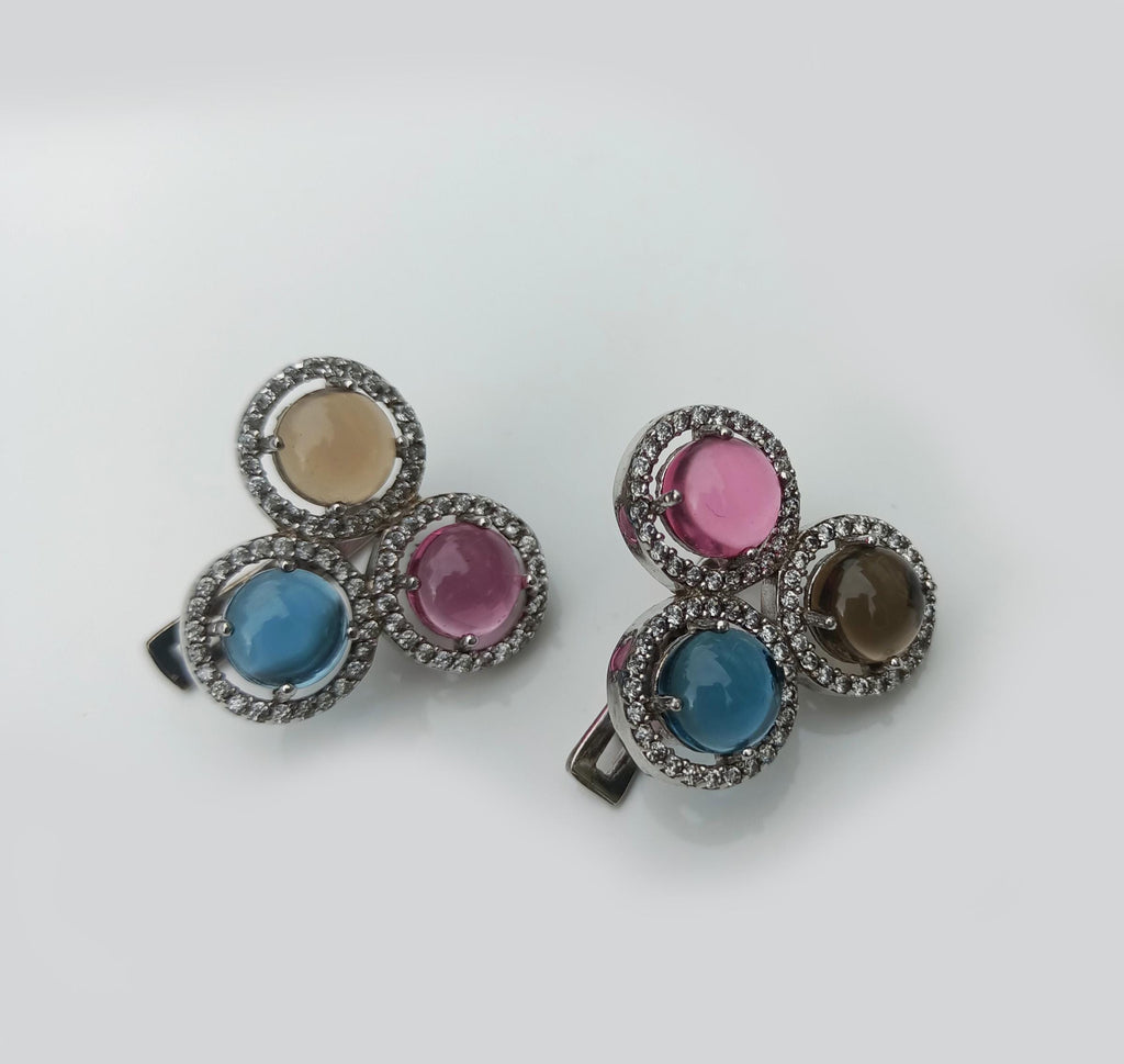 Handmade Aquamarine, Rose Quartz, Citrine & Zircon Sterling Silver Earrings