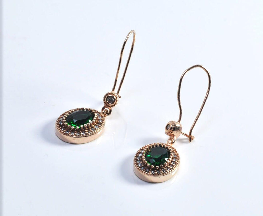 Handmade Emerald and Zircon Earrings in Rose Gold, Elegant Gemstone Drop Jewelry