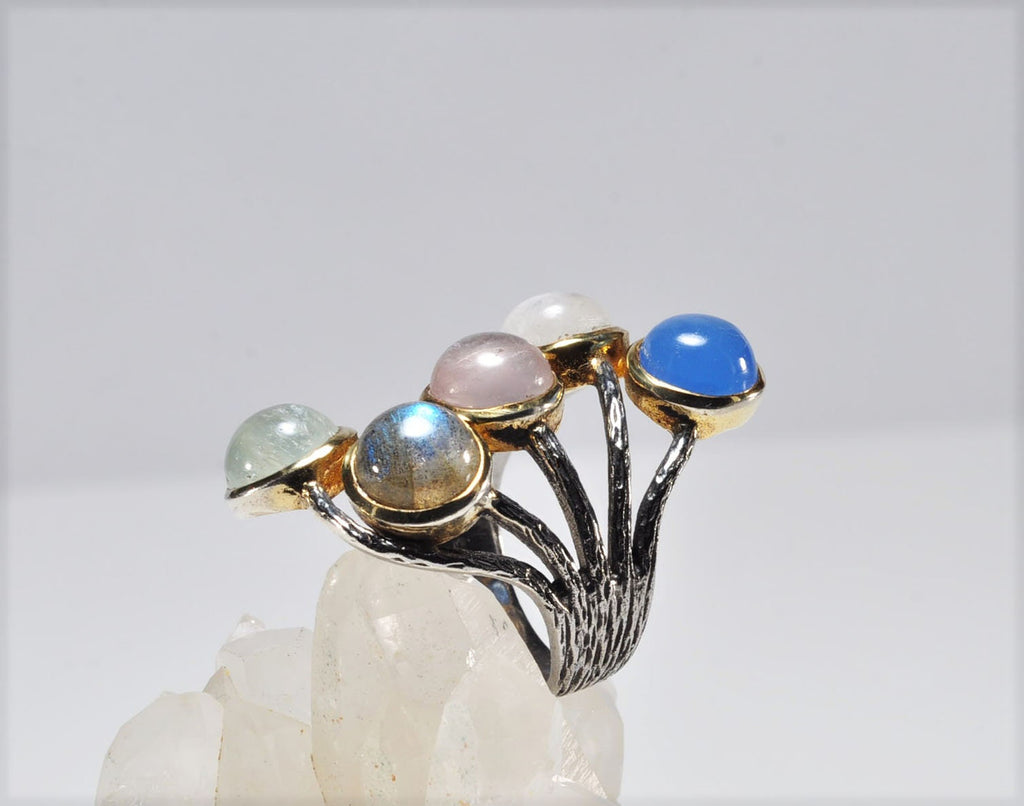 Handmade Tourmaline Moonstone Labradorite Pink Quartz and Aquamarin Silver Ring,Multistone Silver Jewelry,Genuine Gemstone Ring,Gift for her