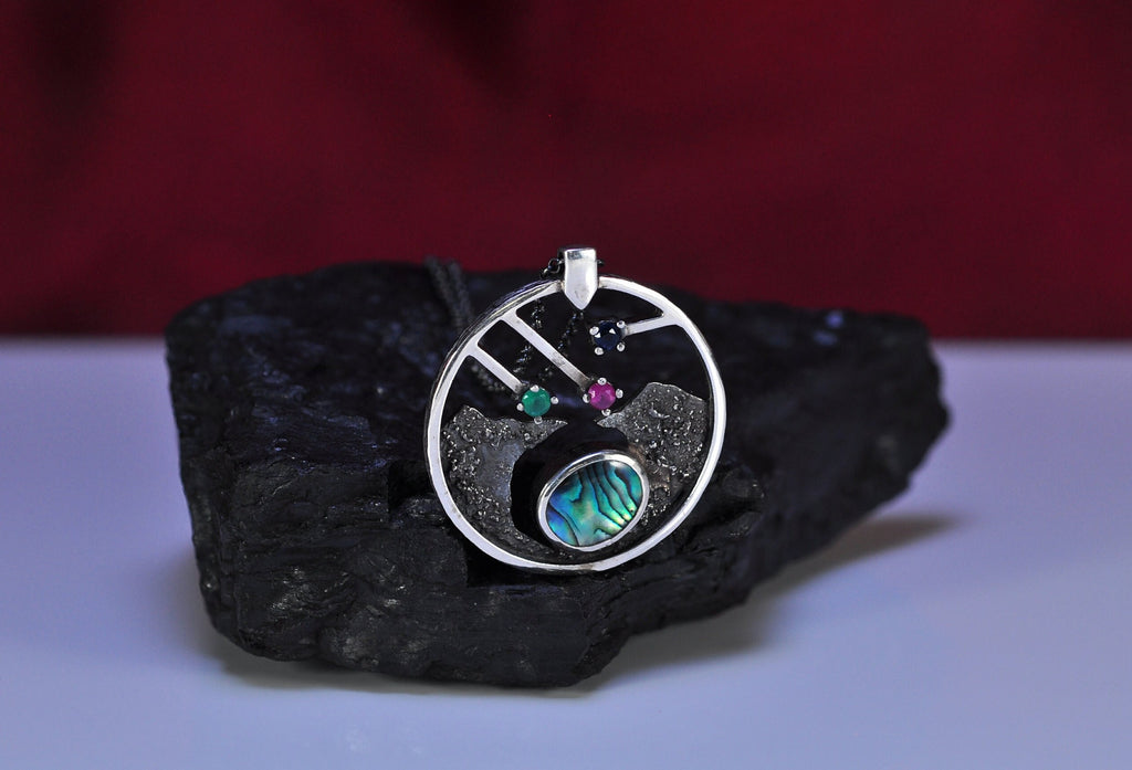 Handmade Genuine Mother of Pearl Emerald Ruby Sapphire Silver Necklace, Multistone Jewelry, Gift for Her