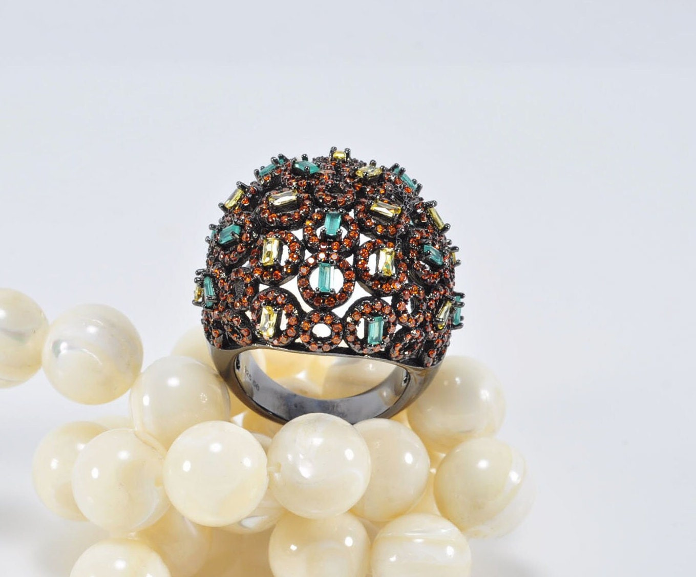 Handmade Aquamarine and Citrine Silver Ring, Handcrafted Aquamarine and Citrine Jewelry, Black Silver Band Aquamarine and Citrine Ring