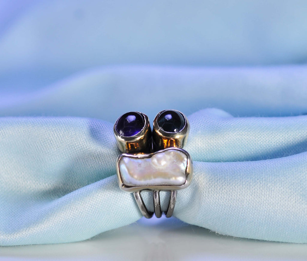 Handmade Genuine Natural Aquamarinee Amethyst Pearl Silver Gemstone Ring,Round Cut Jewelry Ring,Handcrafted,Artist Design