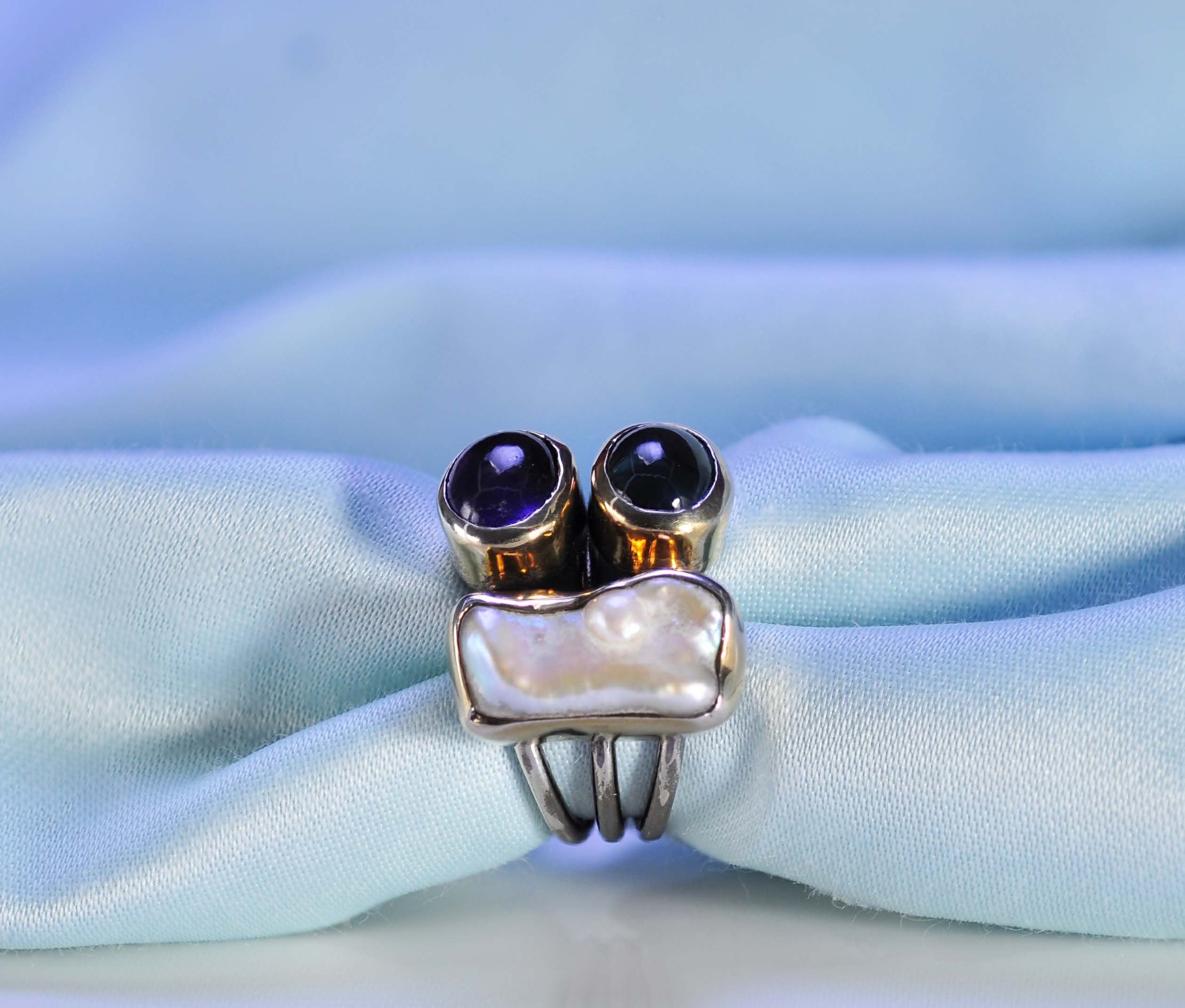 Handmade Genuine Natural Aquamarinee Amethyst Pearl Silver Gemstone Ring,Round Cut Jewelry Ring,Handcrafted,Artist Design