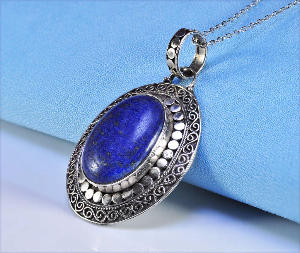 Handmade Genuine Natural Lapis Lazuli Silver Necklace,Lapis Lazuli Jewelry,Lapis Lazuli Gemstone Necklace,Oval Cut Pendant,Handcrafted