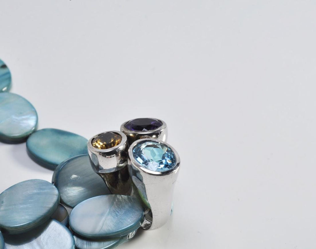 Handmade Aquamarine Amethyst Citrine Sterling Silver Ring, 925 Band Gemstone Ring