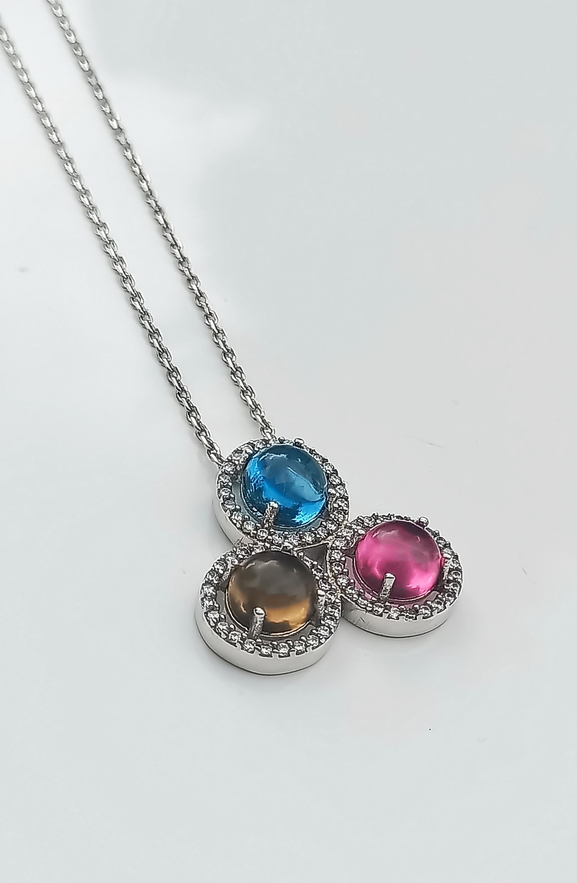 Handmade Aquamarine, Pink Quartz, Citrine and Zircon Silver Necklace, Handcrafted Multistone 925 Sterling Silver Jewelry