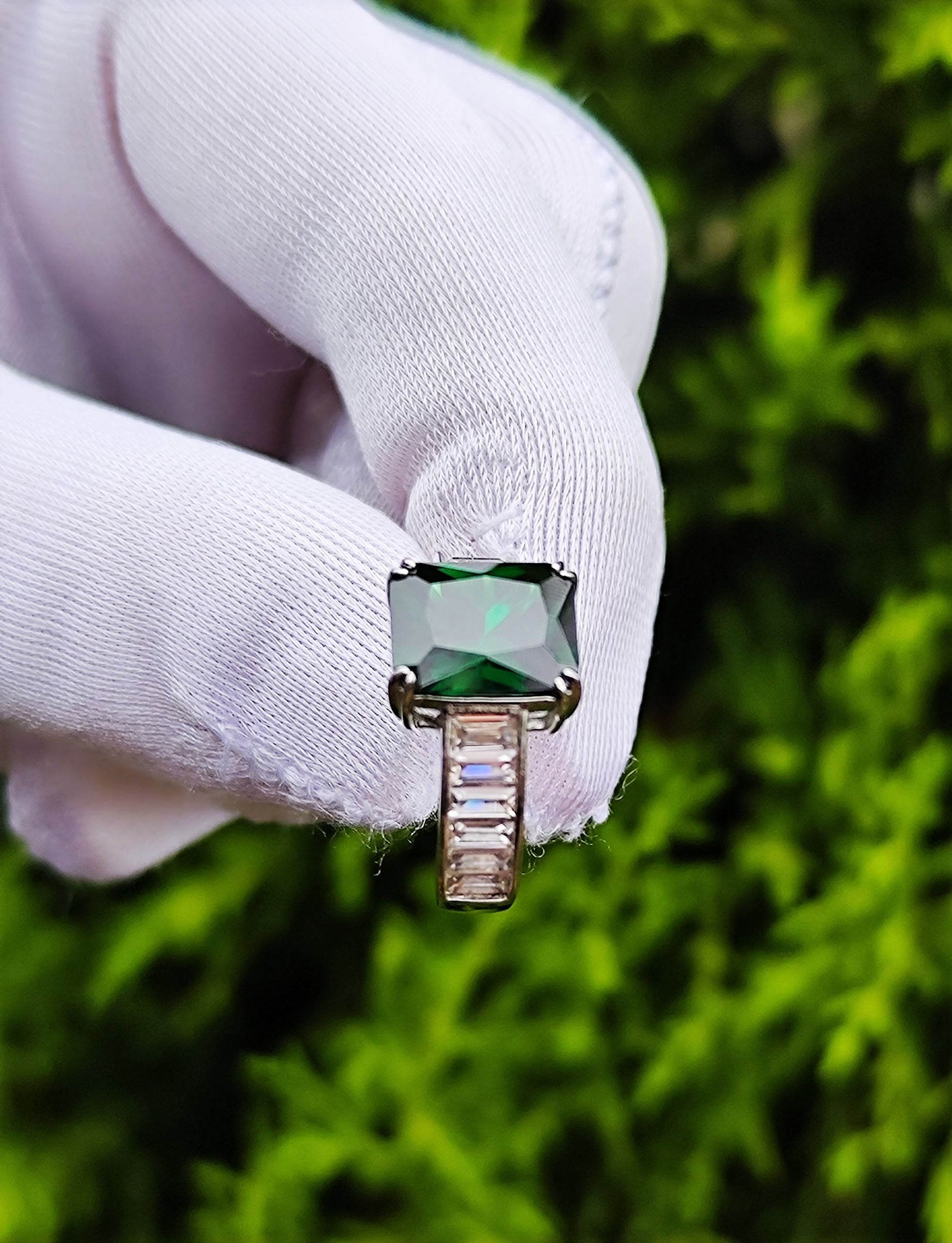 Handmade Emerald & Baguette Zircon Ring – 925 Sterling Silver Jewelry