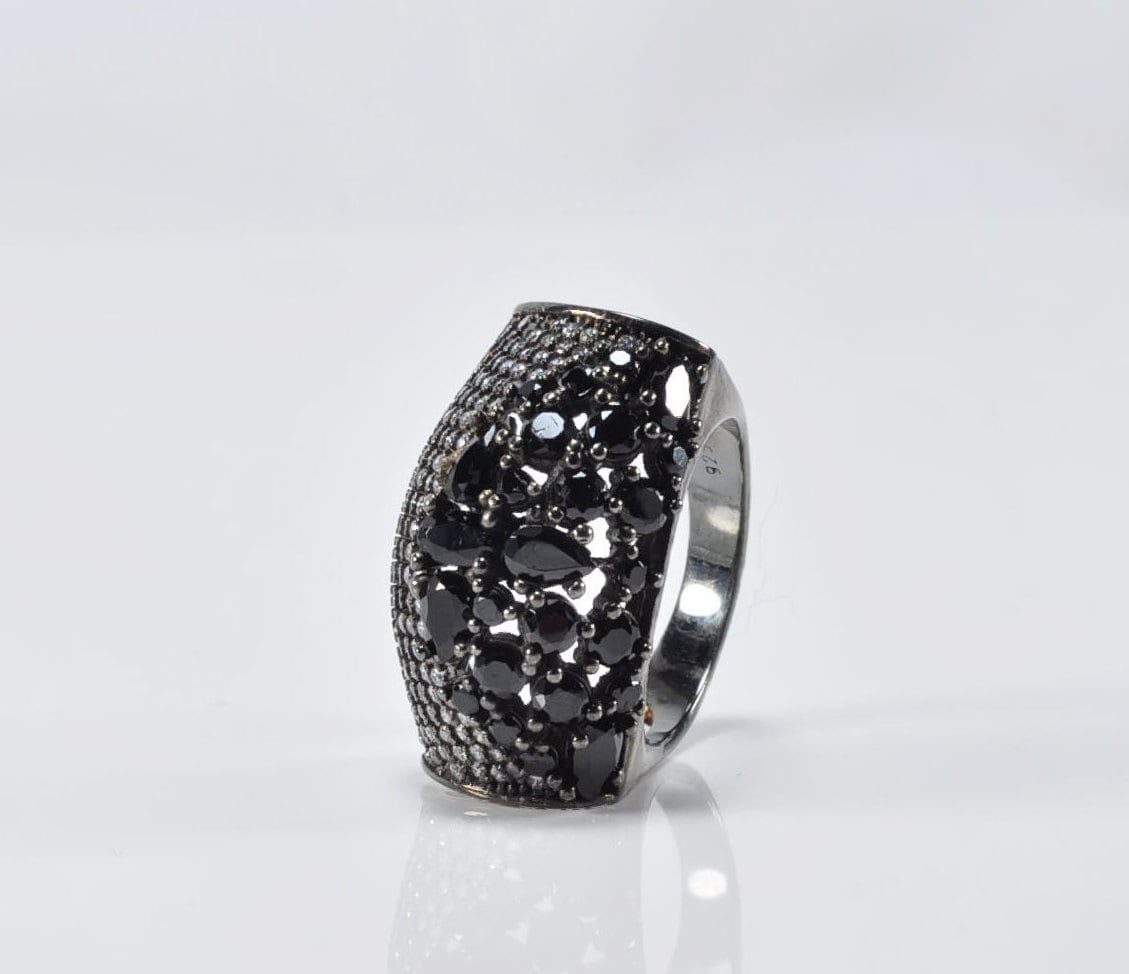 Handmade Zircon and Onyx Silver Ring, Handcrafted Zircon and Onyx Jewelry,Wedding Ring Gift, Black Silver Zircon and Onyx Ring,Gift for her