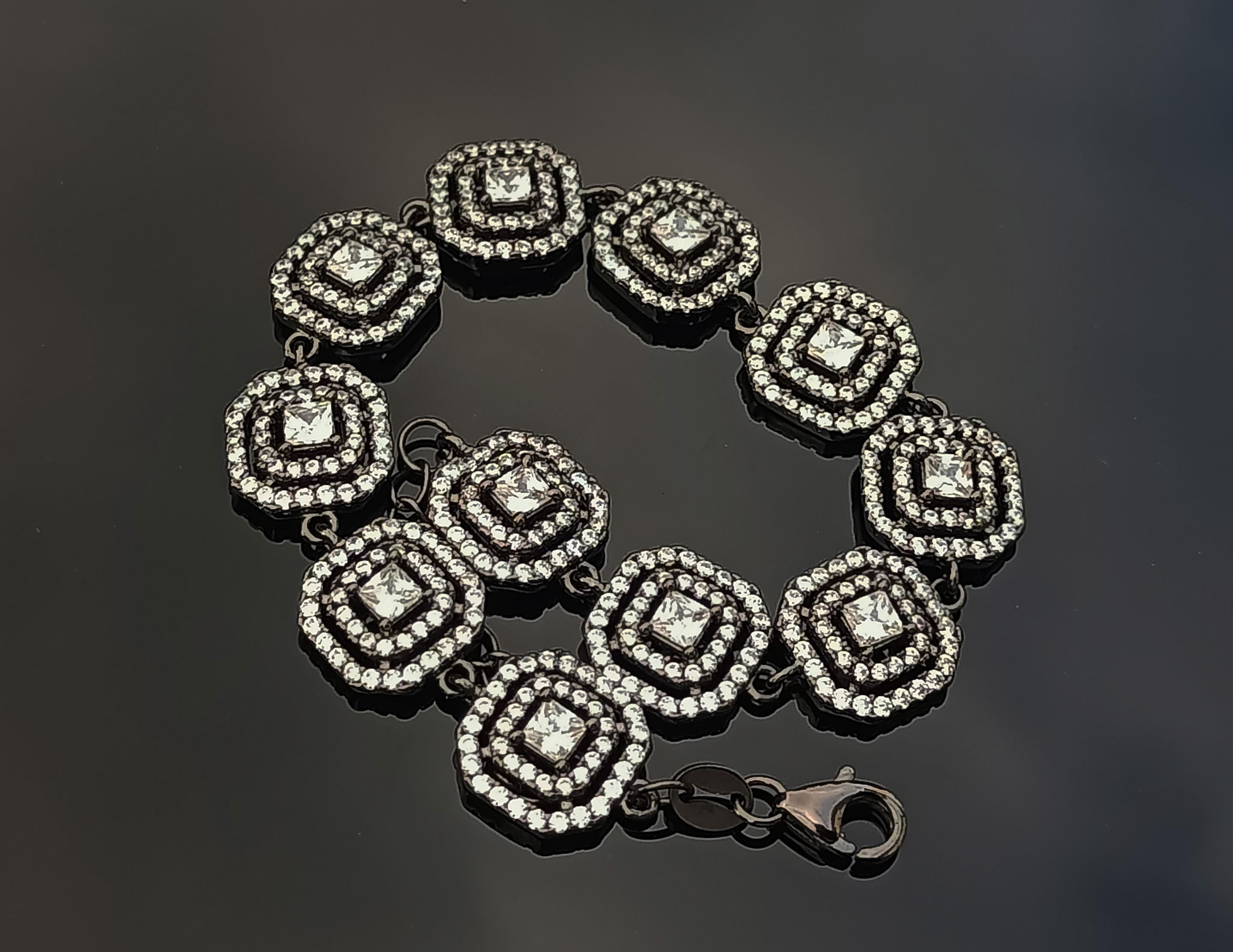 Handmade Zircon Gemstone Bracelet: Black Silver Jewelry Gift