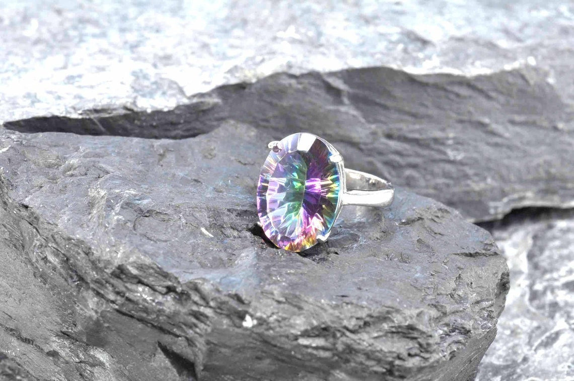 Handmade Genuine Mystic Topaz Silver Ring,Mystic Topaz Jewelry,Mystic Topaz Gemstone Ring,Crystal Cut Ring,Handcrafted,Artist Design
