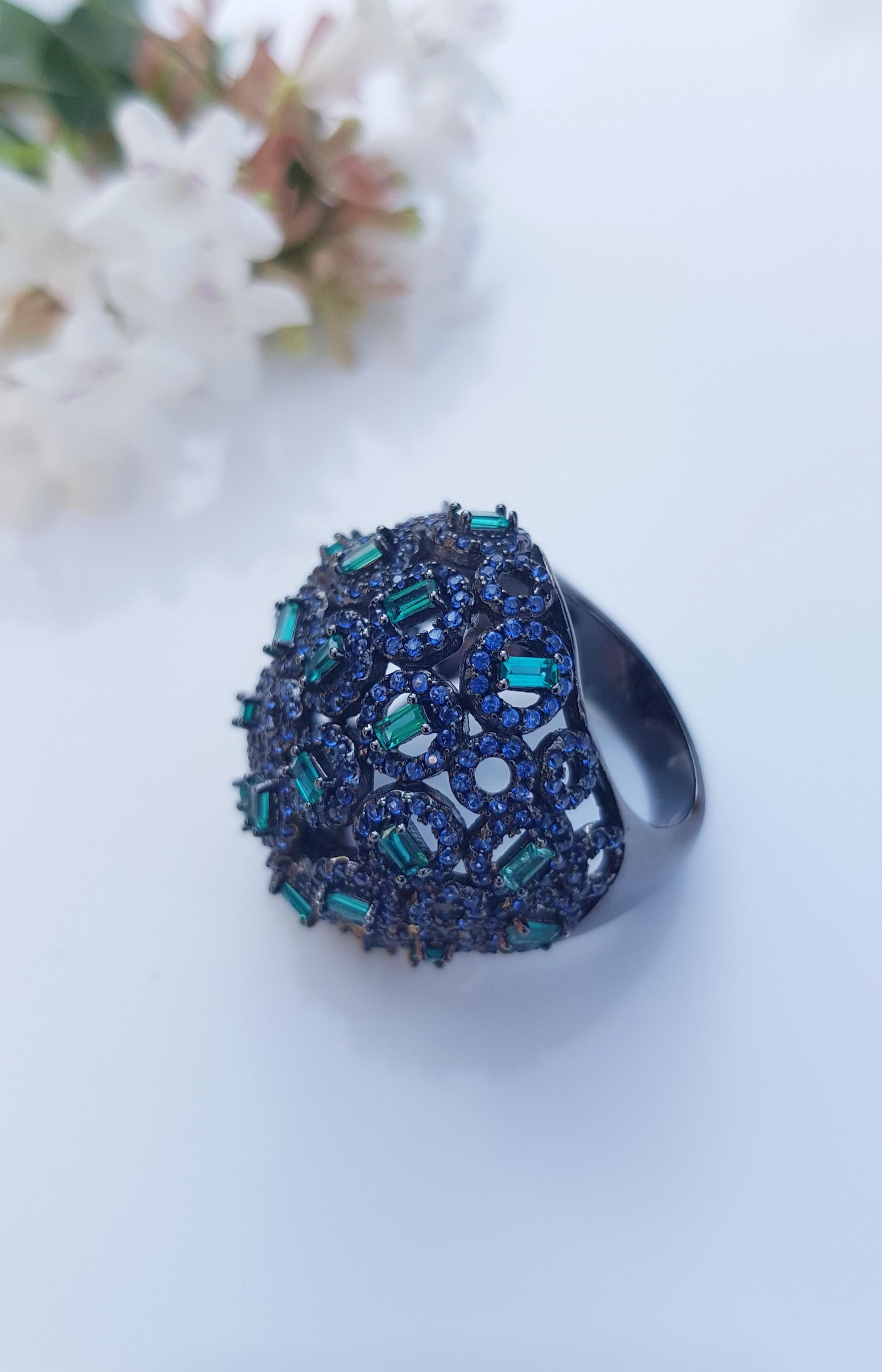 Handmade Aquamarine Emerald Black Silver Ring: Artisan Gemstone Jewelry