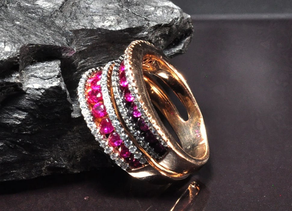 Handmade Genuine Natural Ruby and Zircon Silver Ring,Ruby and Zircon Jewelry,Ruby and Zircon Rose Silver Band,Handcrafted,Minimalist Jewelry