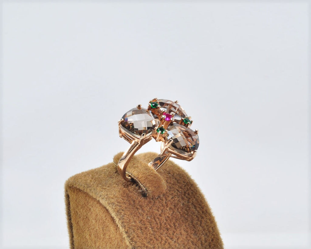Handmade Smoky Quartz, Emerald & Ruby Silver Ring - Rose Band