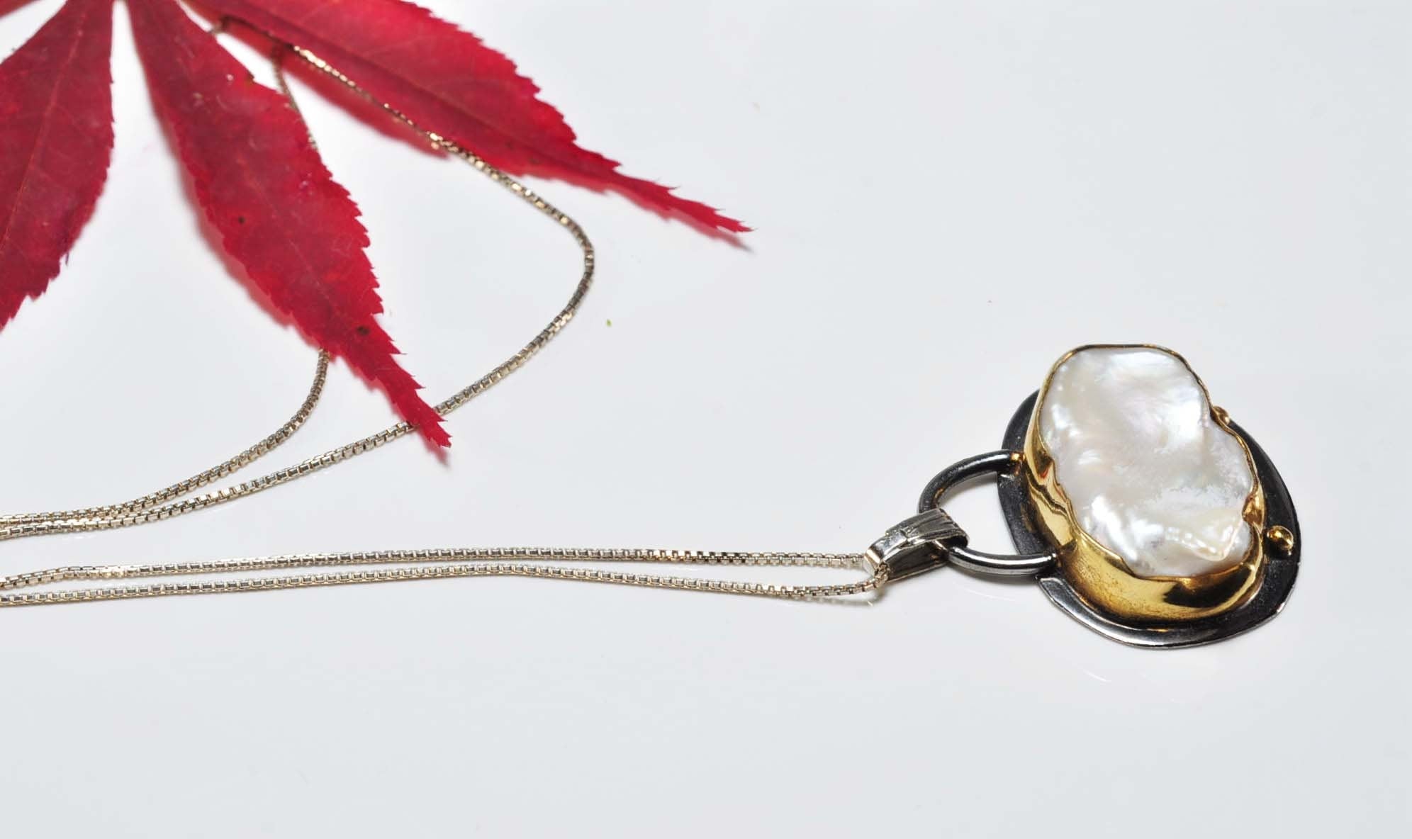 Handmade Pearl Silver Necklace,925 Sterling Silver Genuine Authentic Necklace,Pearl Gemstone Jewelry Gift for Her