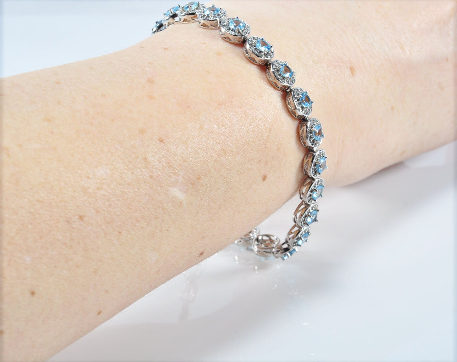 Handmade Aquamarine and Zircon 925 Sterling Silver Bracelet
