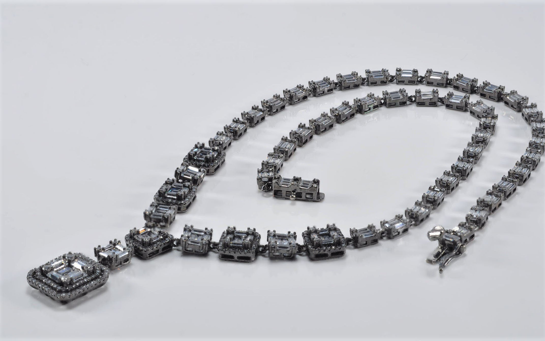 Handmade Baguette Zircon Black Silver Necklace,925 Black Silver Authentic Baguette Zircon Necklace,Wedding Gift for Her