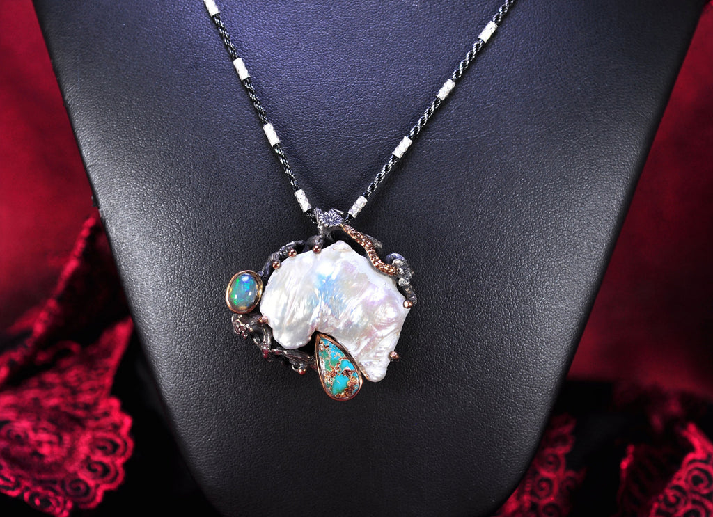 Handmade Pearl Opal Turquoise Silver Necklace, Gemstone Jewelry Gift