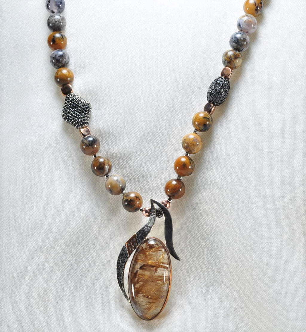 Handmade Jasper Rutilated Quartz Zircon Sterling Silver Necklace