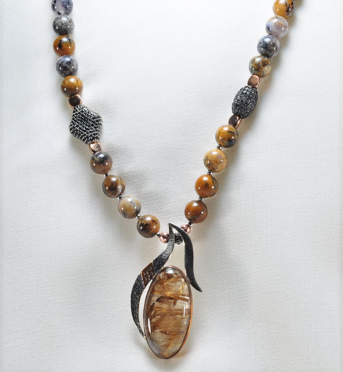 Handmade Jasper Rutilated Quartz Zircon Sterling Silver Necklace