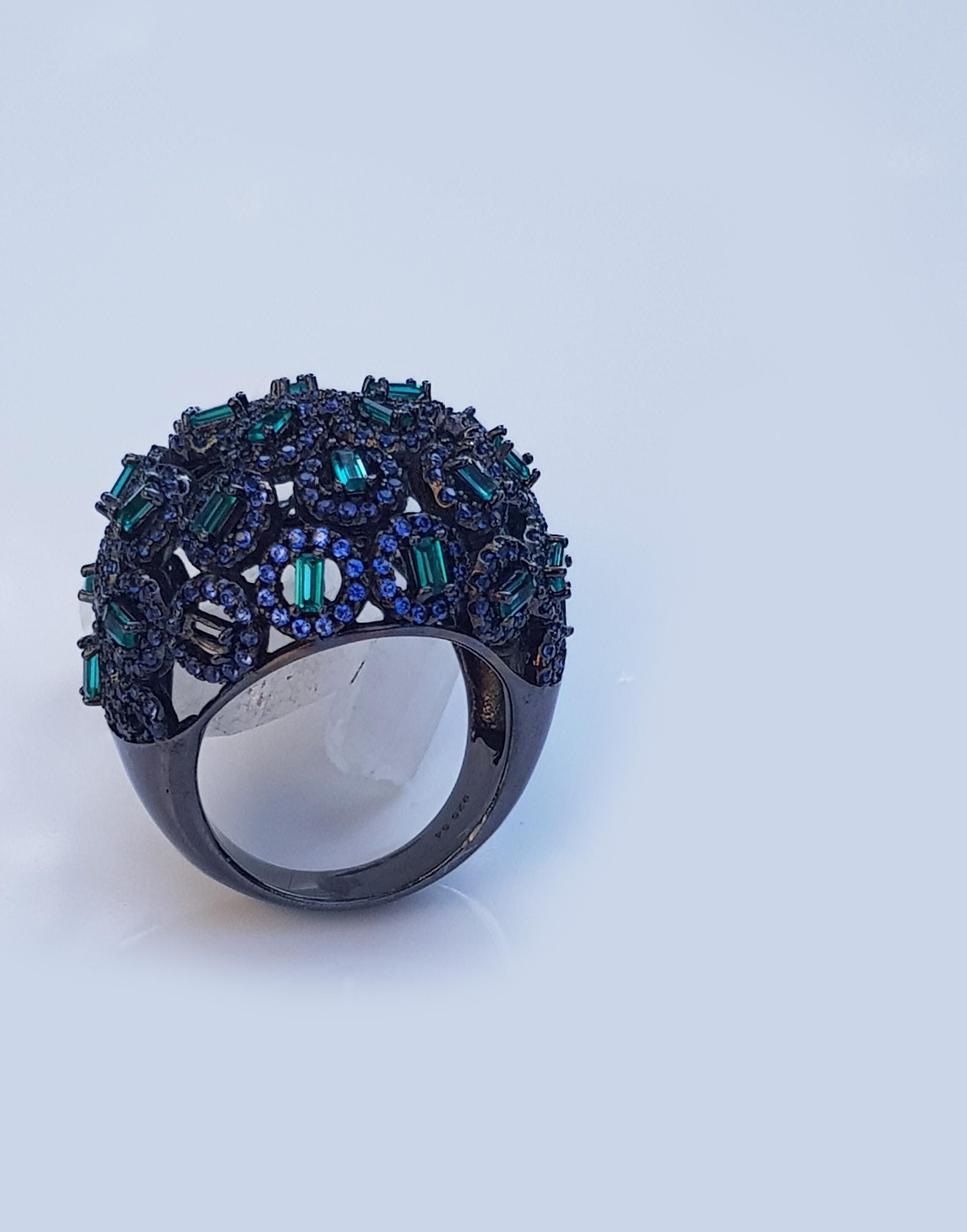 Handmade Aquamarine Emerald Black Silver Ring: Artisan Gemstone Jewelry