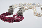 Unique Baroque Pearl and Garnet Necklace,Genuine Big Flameball Pearl Necklace, White Big Pearl and Garnet Necklace, Pearl and Garnet Jewelry