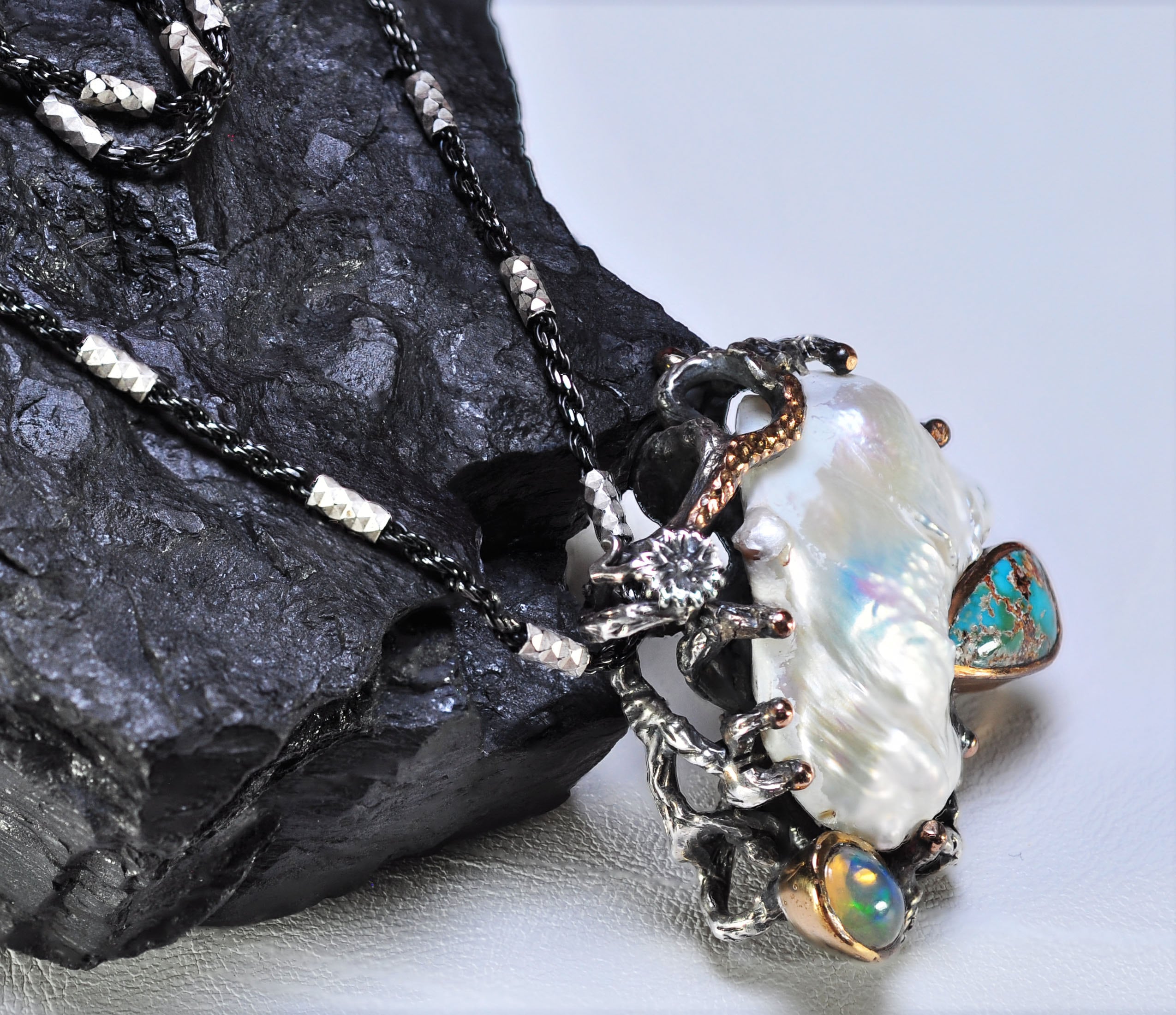 Handmade Pearl Opal Turquoise Silver Necklace, Gemstone Jewelry Gift