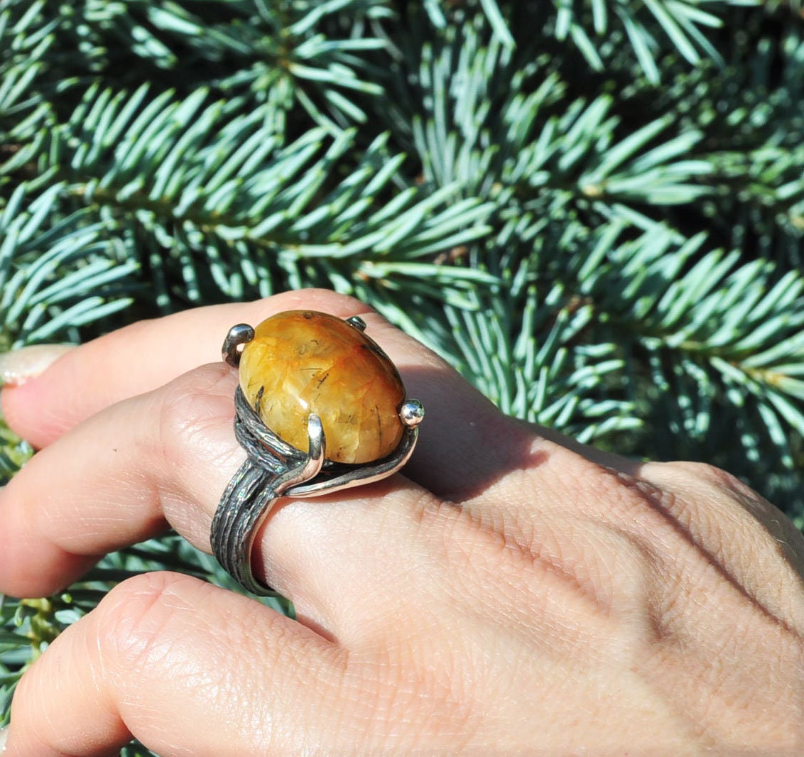 Handmade Amber Silver Ring, Handcrafted Amber Jewelry, 925 Silver Band Amber Ring,Gift for her