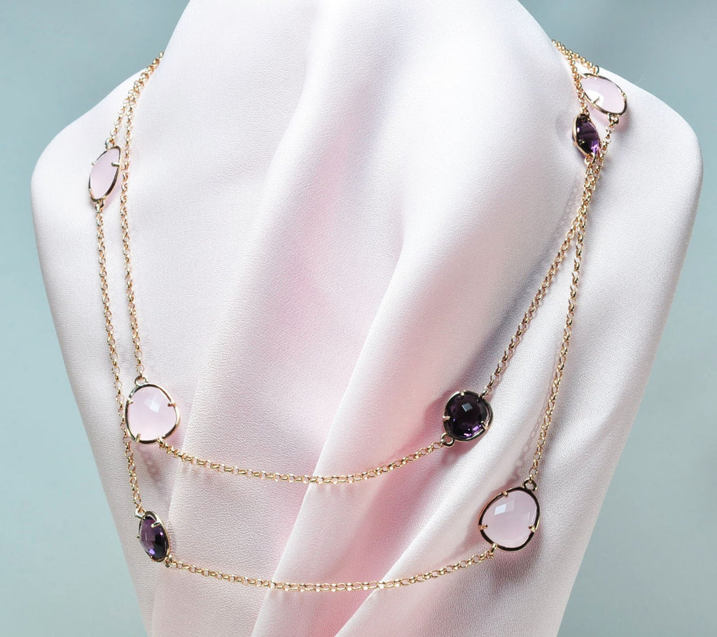 Handmade Amethyst and Rose Quartz Silver Necklace,925 Sterling Silver Authentic Necklace, Amethyst and Rose Quartz Gemstone Jewelry