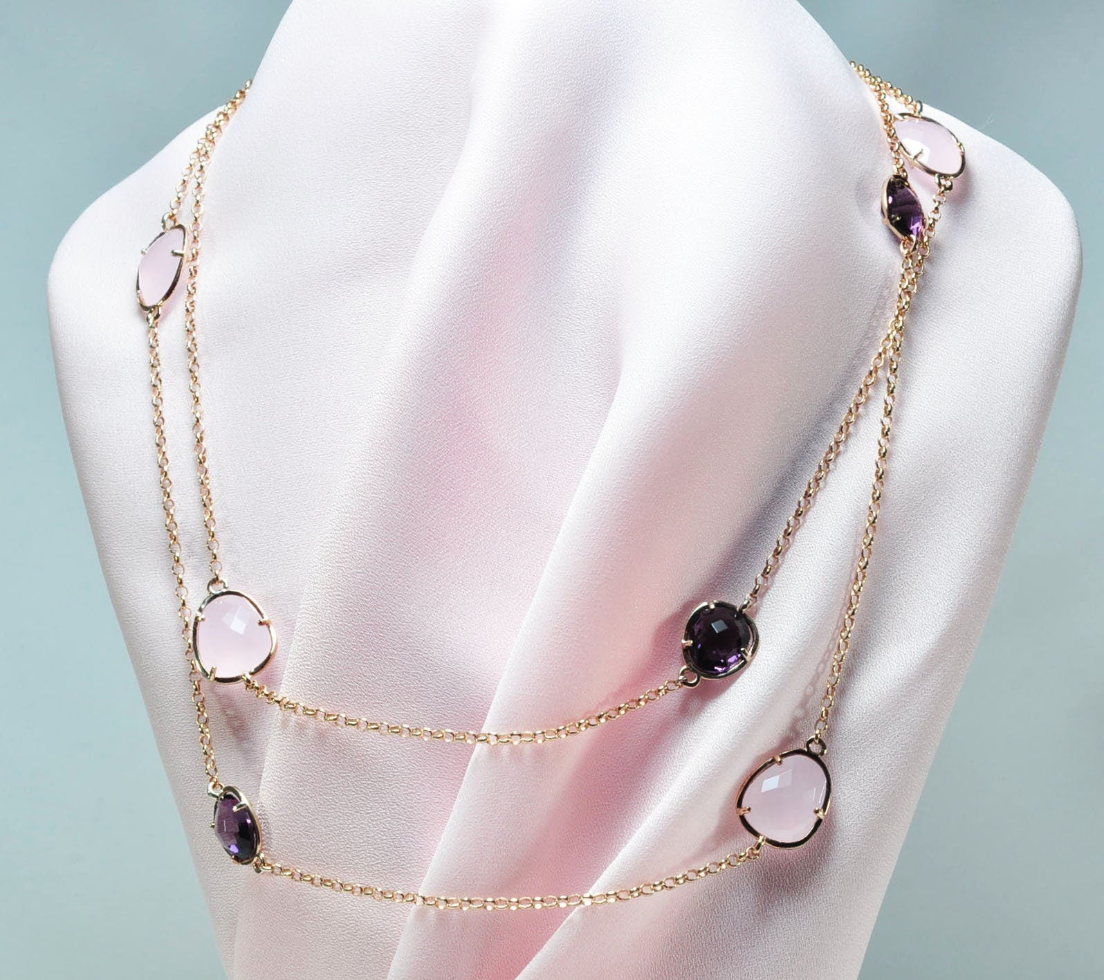 Handmade Amethyst and Rose Quartz Silver Necklace,925 Sterling Silver Authentic Necklace, Amethyst and Rose Quartz Gemstone Jewelry