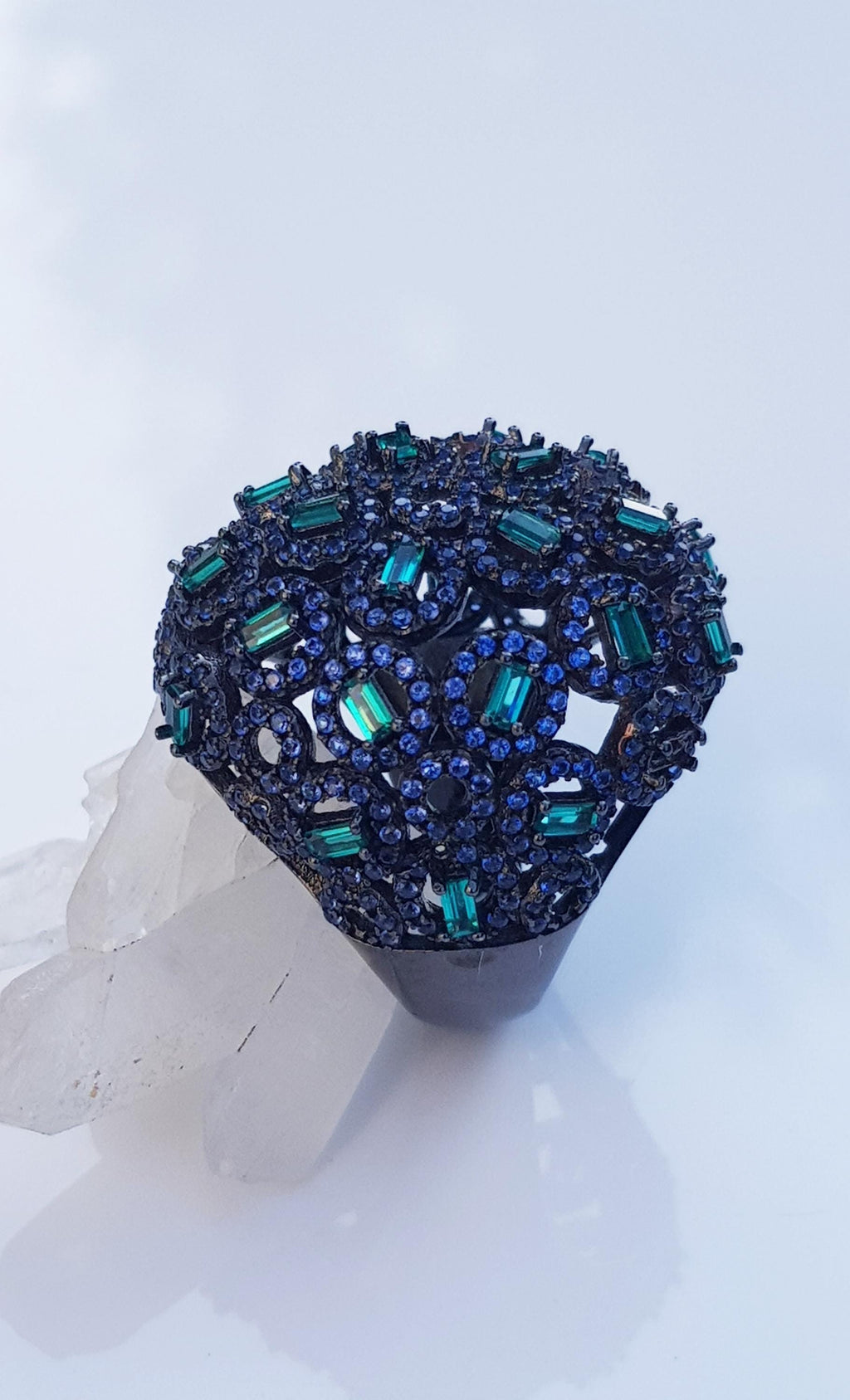 Handmade Aquamarine Emerald Black Silver Ring: Artisan Gemstone Jewelry