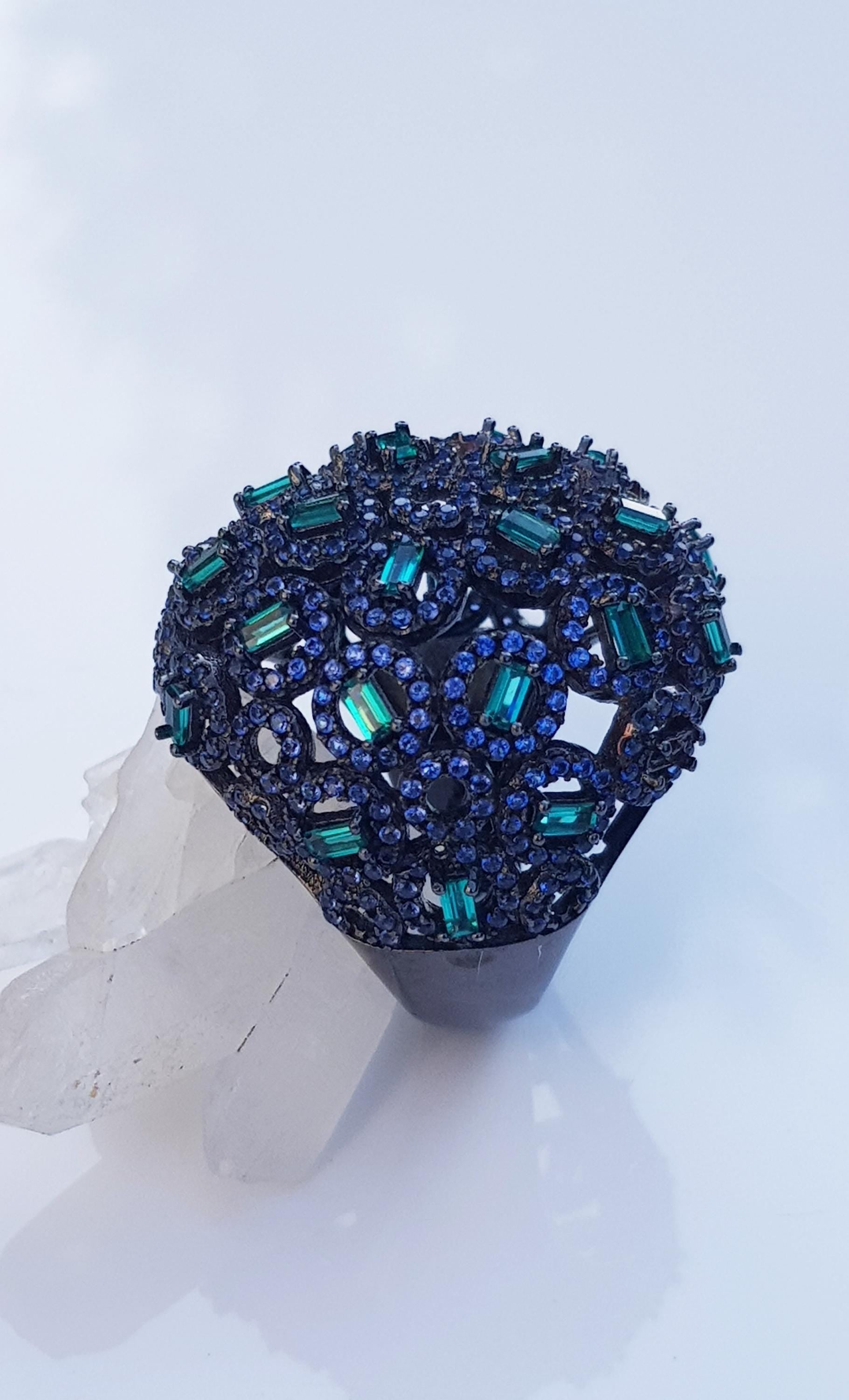 Handmade Aquamarine Emerald Black Silver Ring: Artisan Gemstone Jewelry