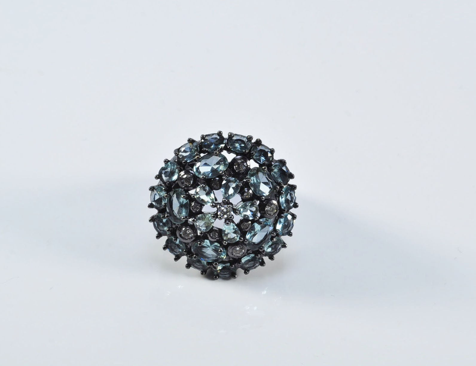 Handmade Aquamarine and Zircon Black Silver Ring:March & December Birthstone