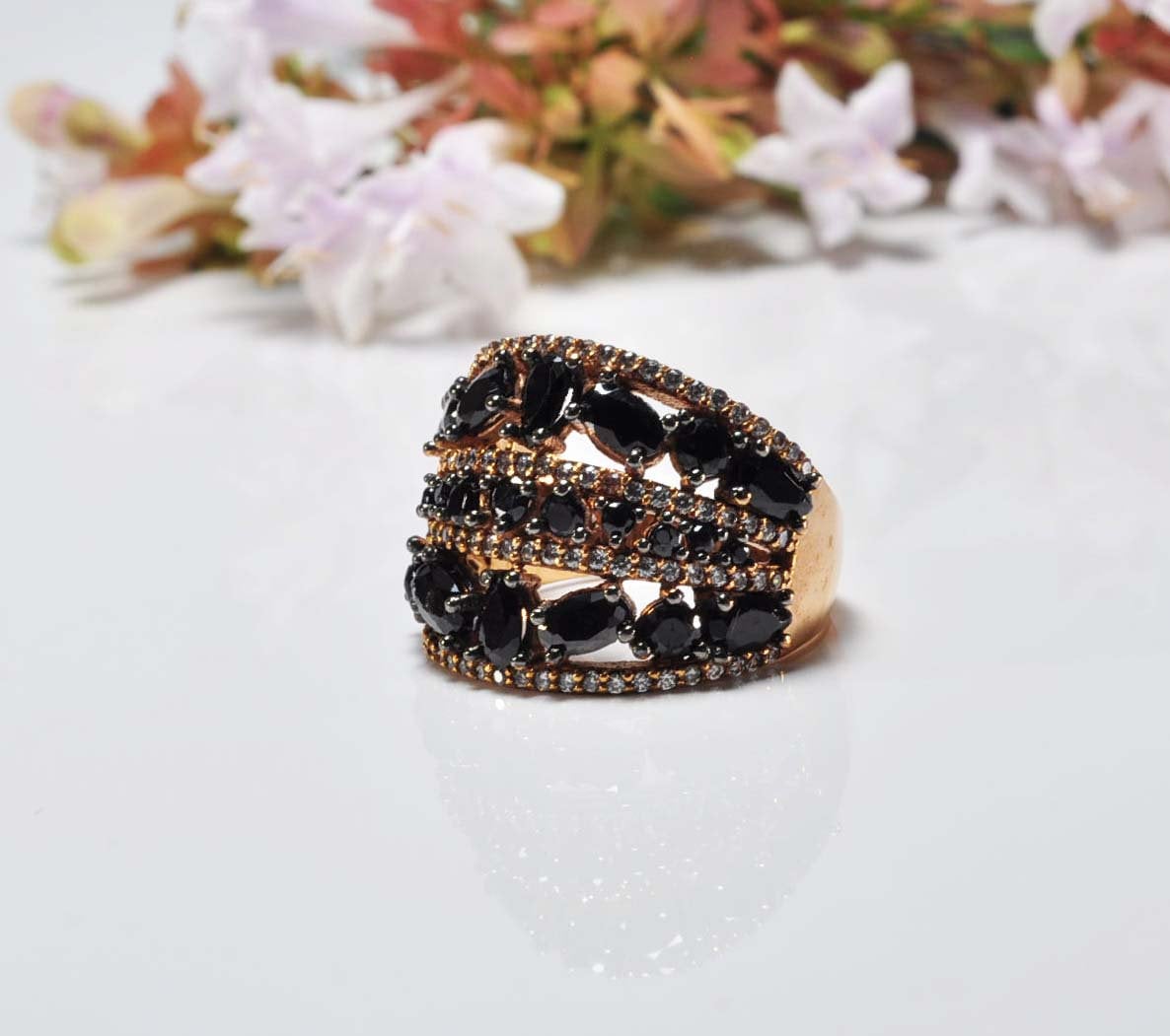 Handmade Onyx and Zircon Silver Ring, Handcrafted Onyx and Zircon Jewelry,Wedding Ring Gift, 925 Silver Onyx and Zircon Ring,Gift for her