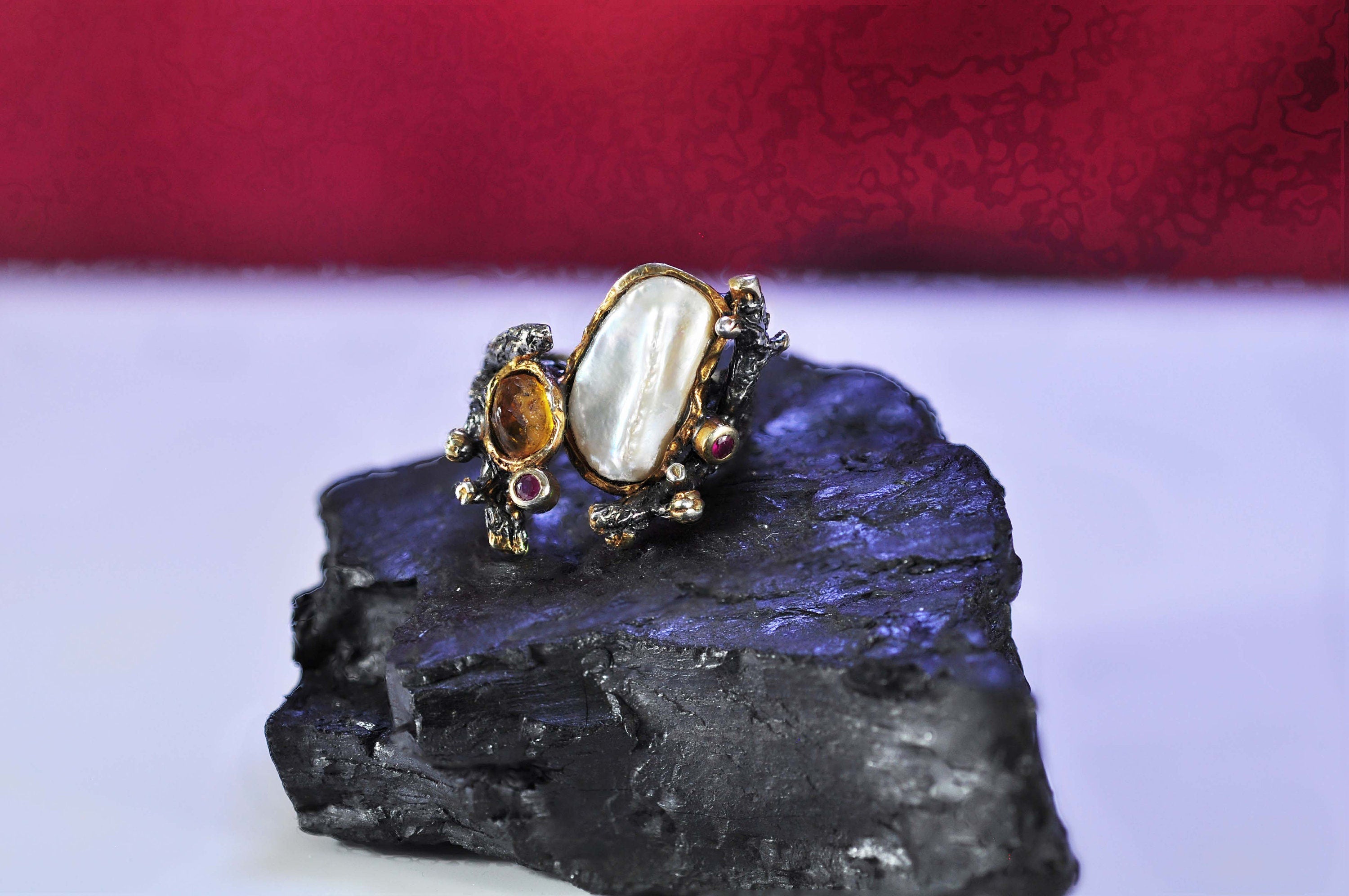 Handmade Genuine Pearl Amber Ruby Silver Ring Jewelry ,Pearl Amber Ruby Gemstone Ring,Multistone Ring Jewelry Gift for her