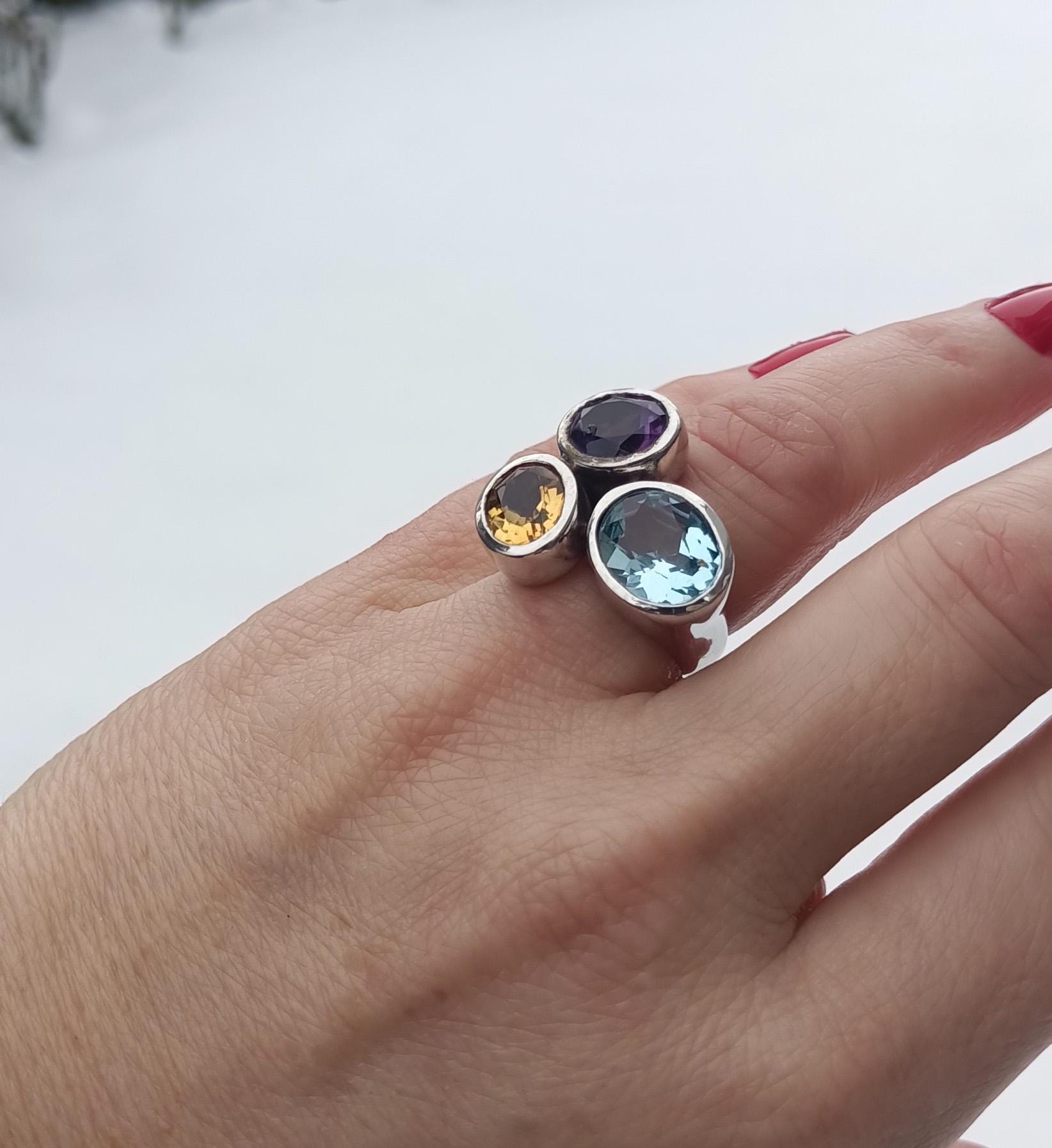 Handmade Aquamarine Amethyst Citrine Sterling Silver Ring, 925 Band Gemstone Ring