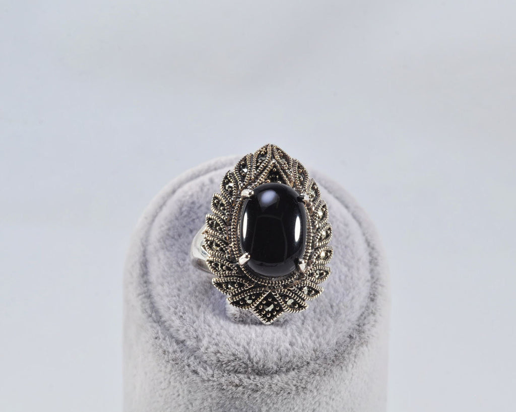 Handmade Onyx Marcasite Ring: 925 Sterling Silver Jewelry