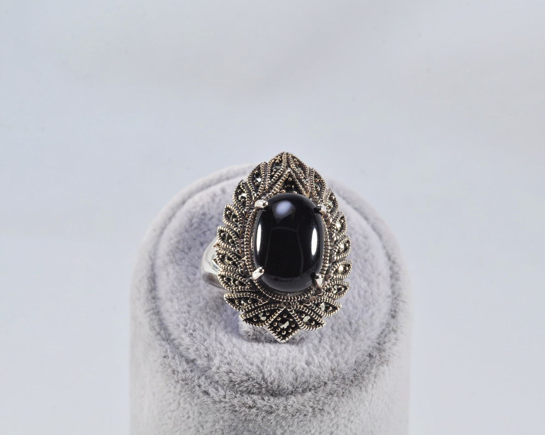 Handmade Onyx Marcasite Ring: 925 Sterling Silver Jewelry