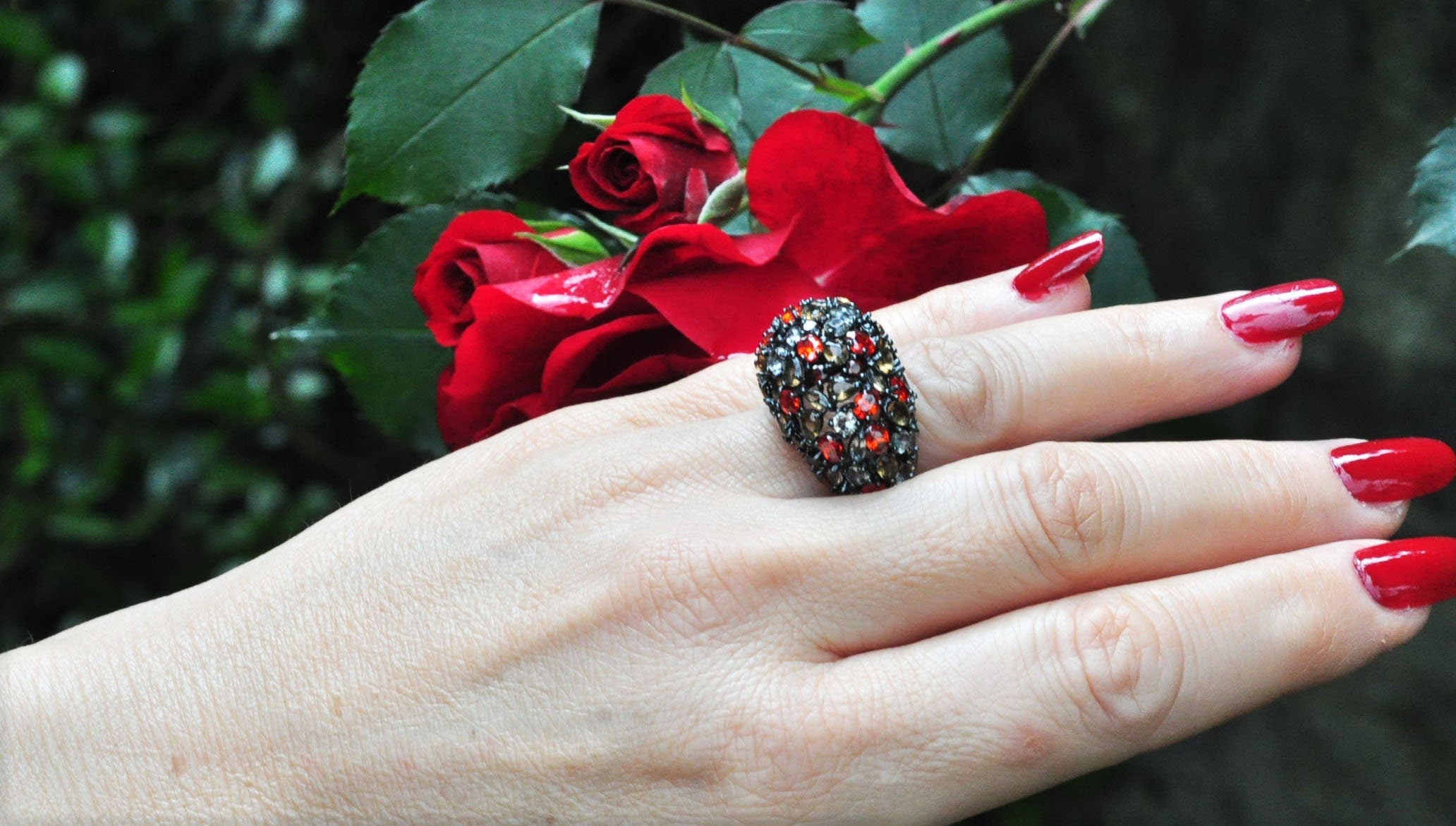 Handmade Black Silver Ring, Multi-Color Zircon Gemstone, December Birthstone Jewelry