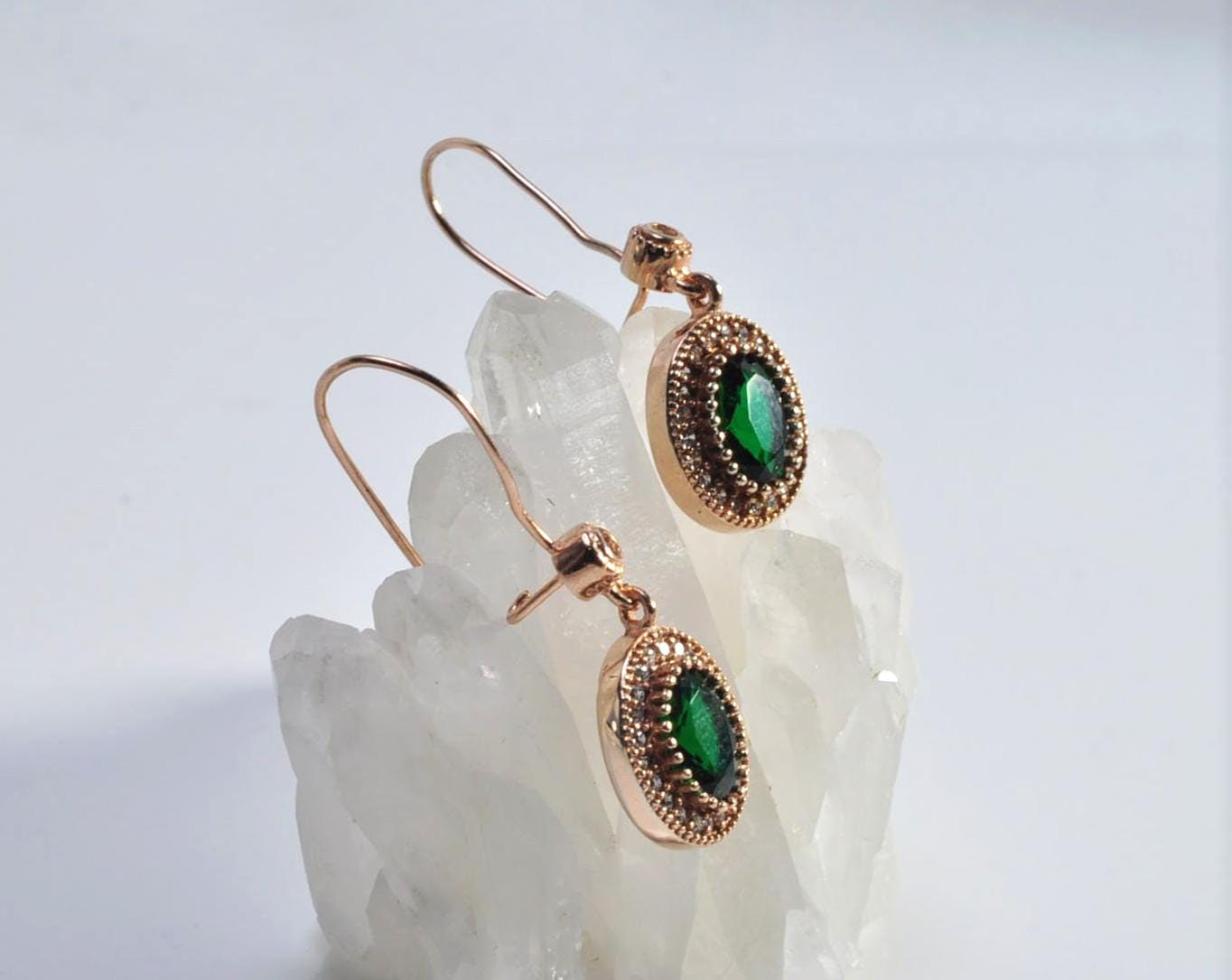 Handmade Emerald and Zircon Earrings in Rose Gold, Elegant Gemstone Drop Jewelry