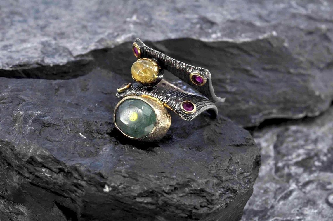 Handmade Emerald Rutile Quartz and Ruby Silver Ring, Multistone Silver Ring, Handcrafted Jewelry Ring, Gift for Her