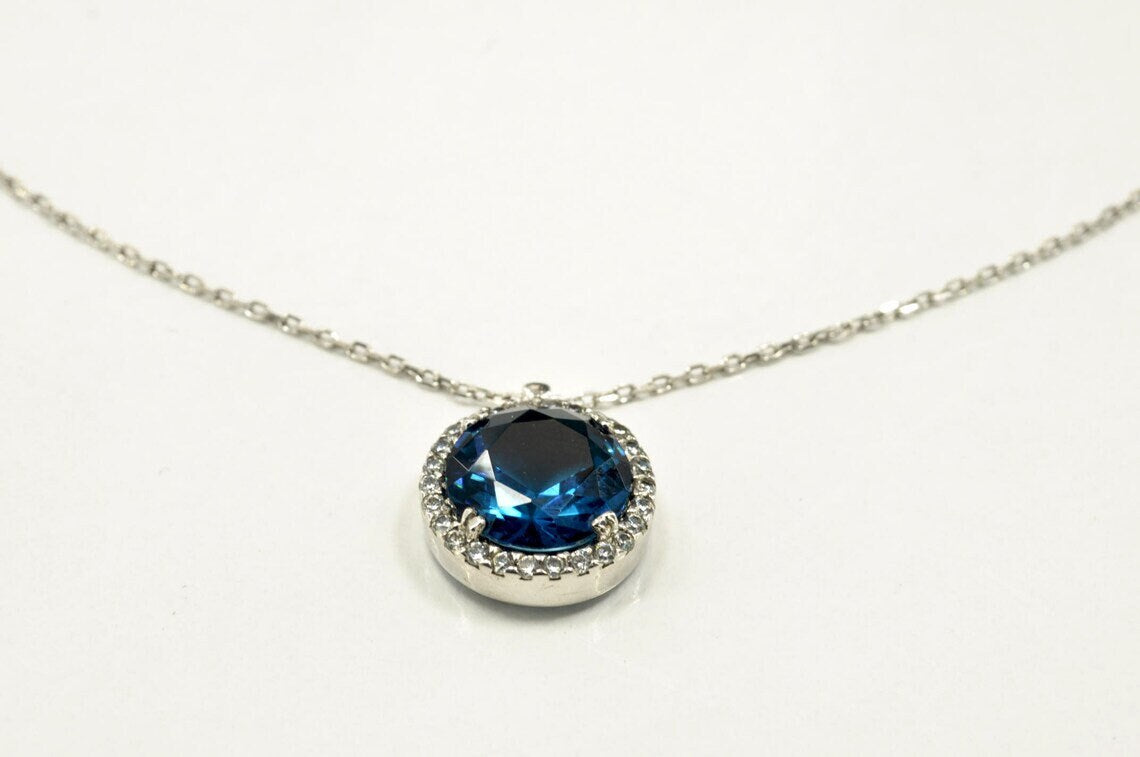 Handcrafted Genuine Natural London Blue Topaz and Zircon Silver Necklace, London Blue Topaz and Zircon Jewelry,Crystal,Artist Design