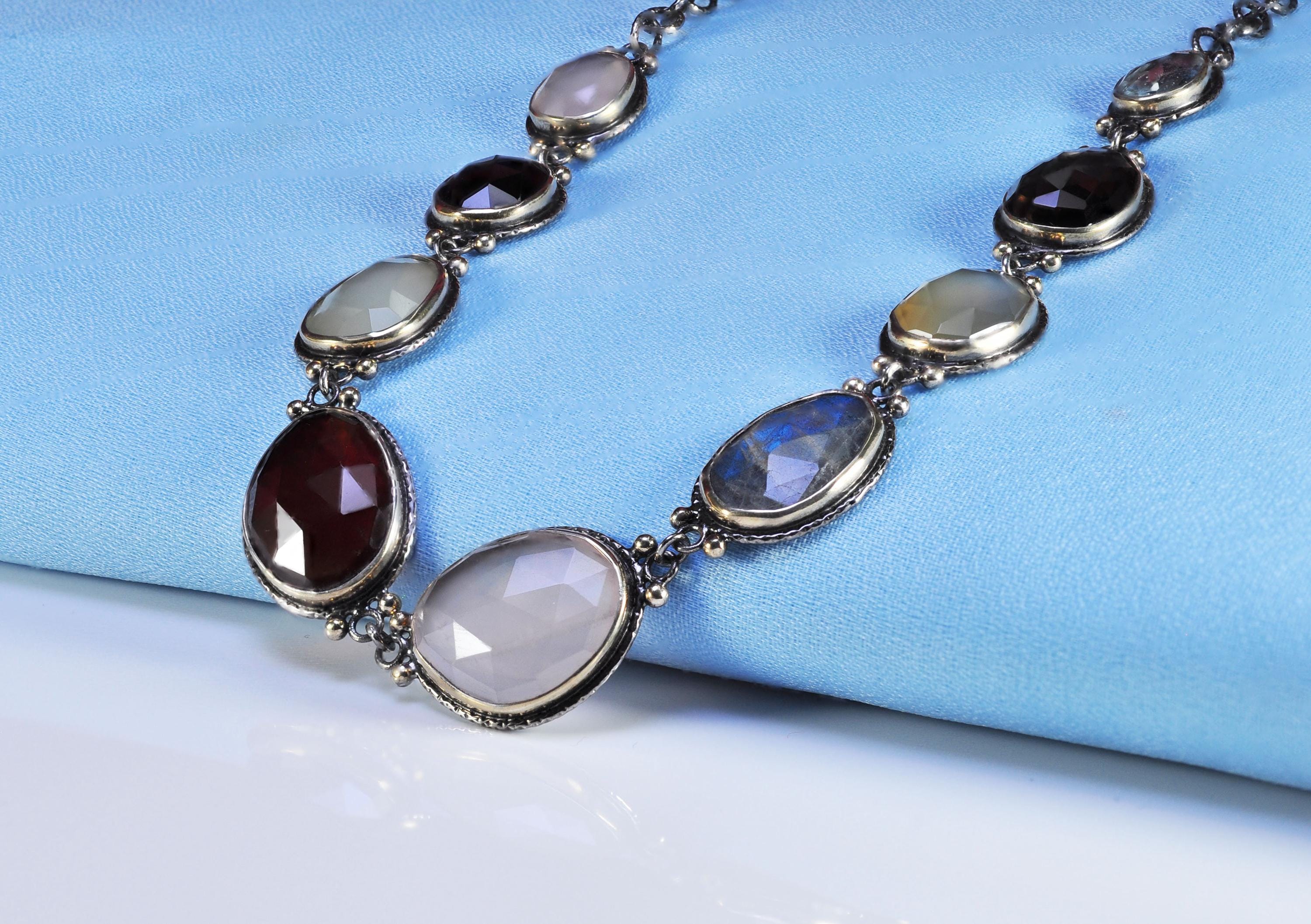 Handcrafted Genuine Rose Quartz  Agate  Aquamarinee  Amethyst Labradorite  Citrine Silver Necklace,Multistone Gemstone Necklace